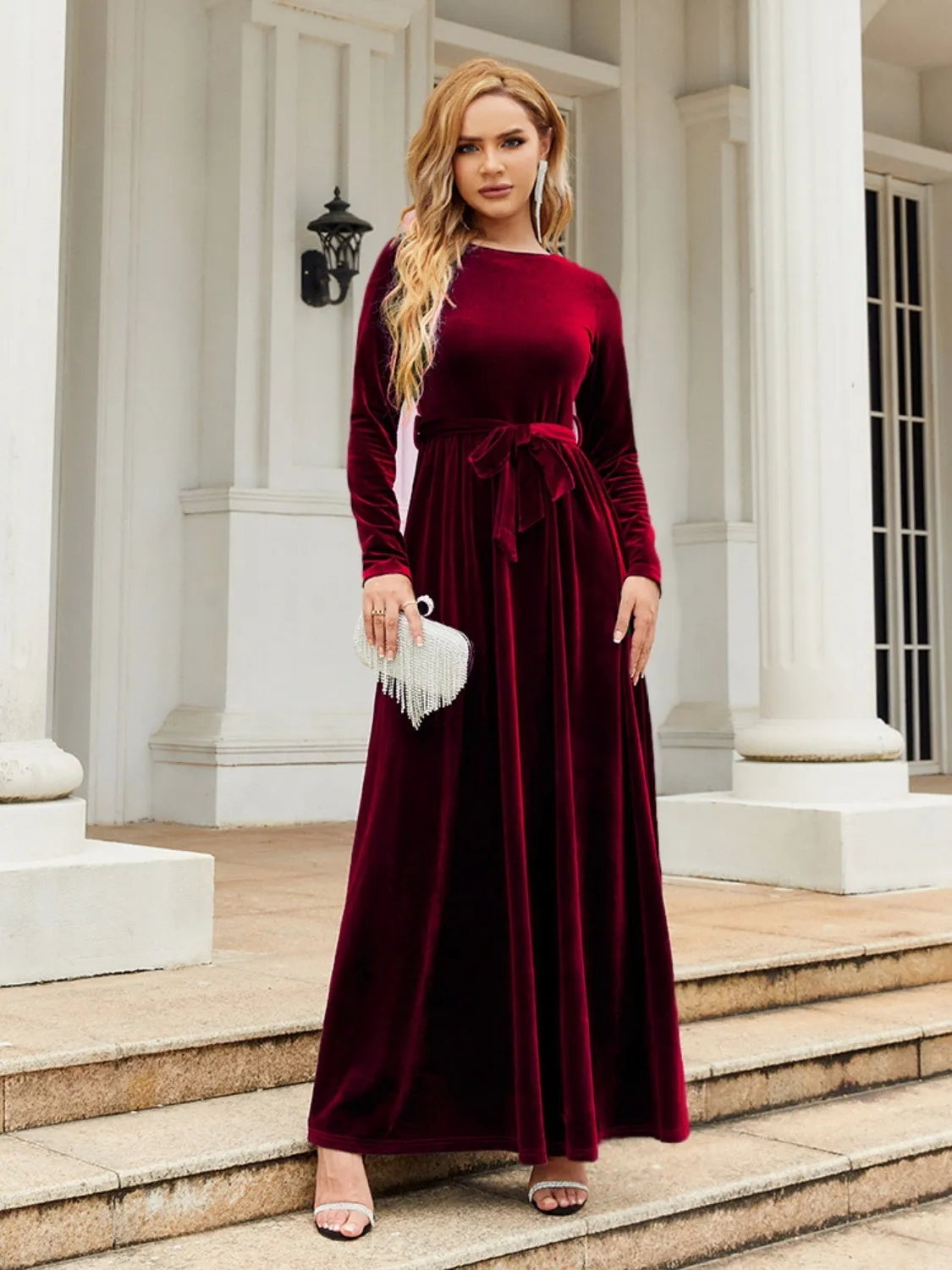 Tie Front Round Neck Long Sleeve Evening Gown