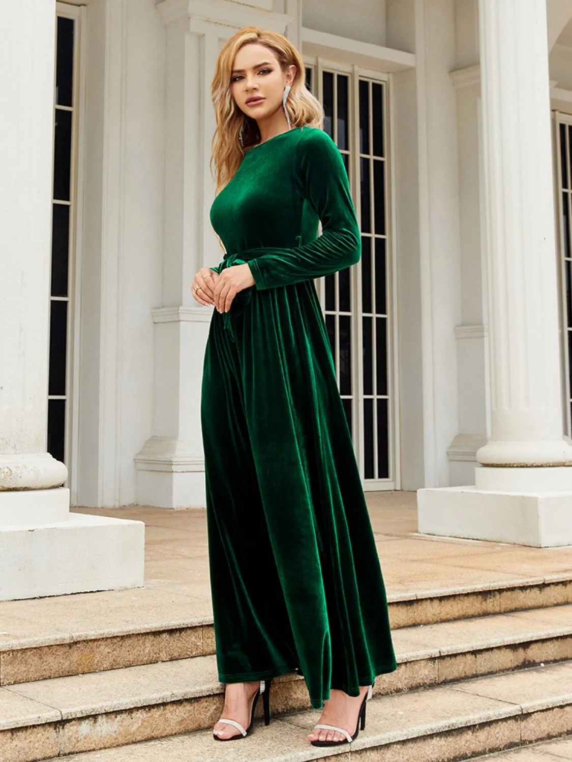 Tie Front Round Neck Long Sleeve Evening Gown