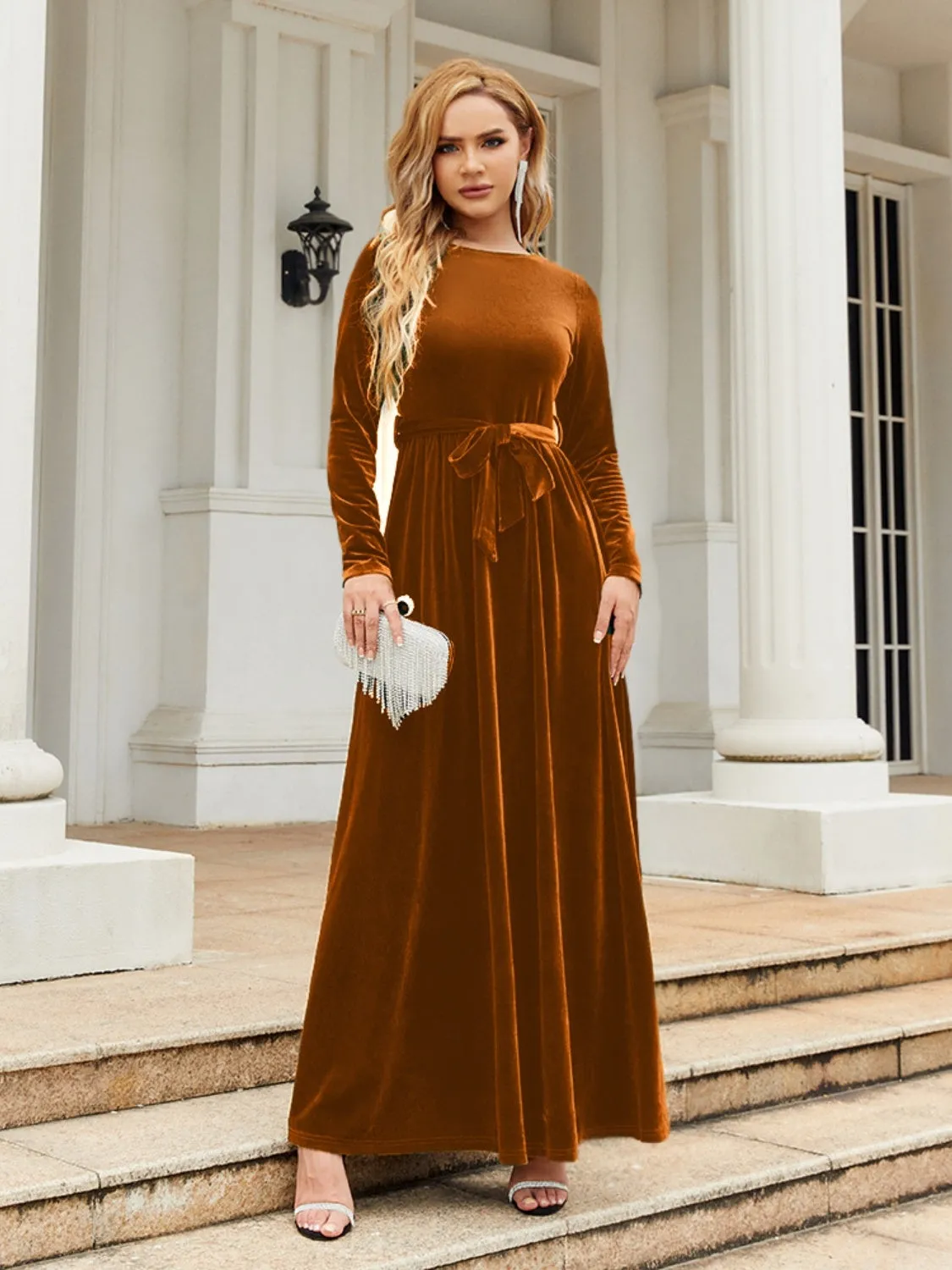 Tie Front Round Neck Long Sleeve Evening Gown