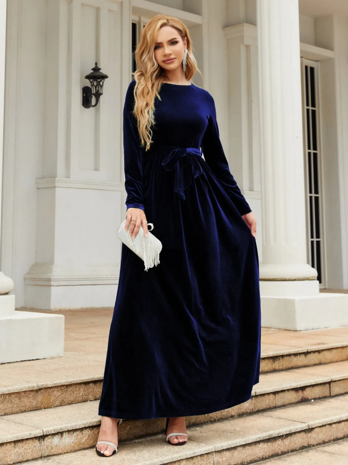 Tie Front Round Neck Long Sleeve Evening Gown