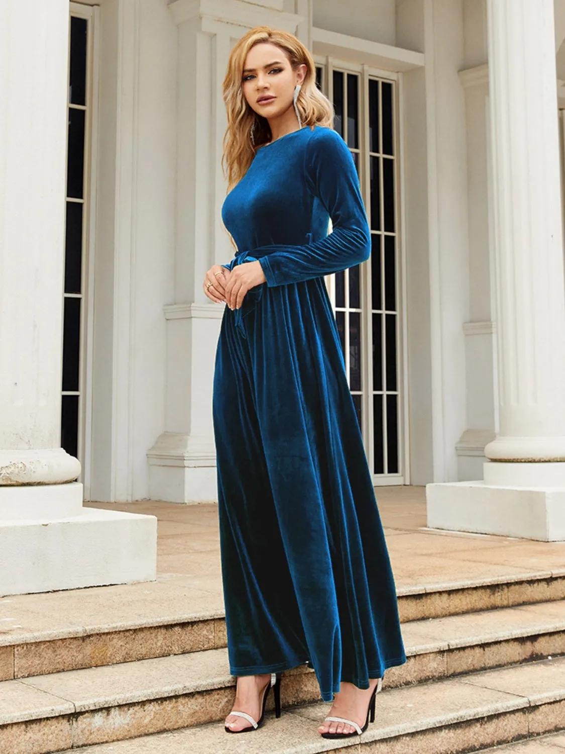 Tie Front Round Neck Long Sleeve Evening Gown