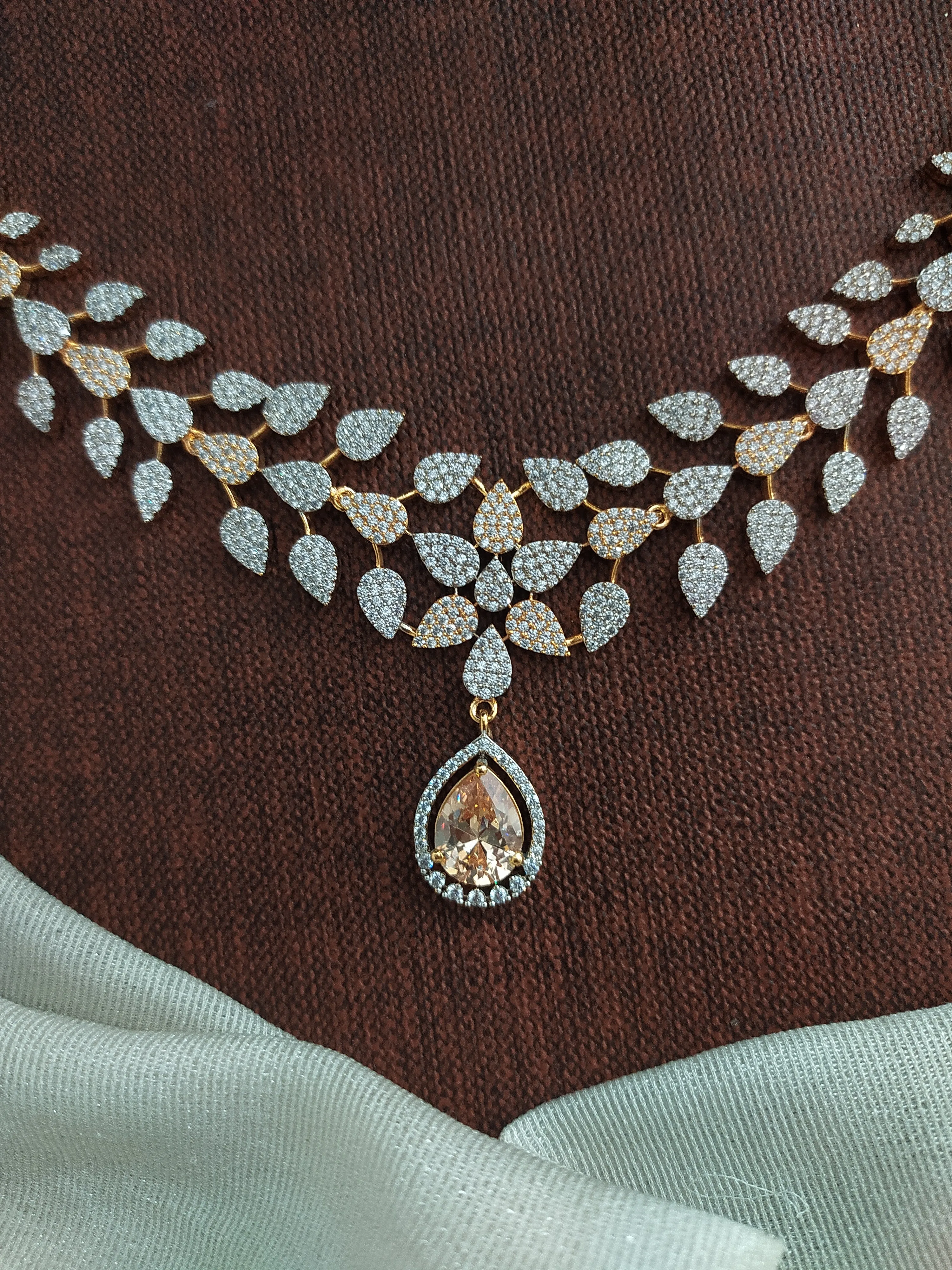 Two-Tone Diamond Finish Zircon Necklace Set with Champagne & White Stones