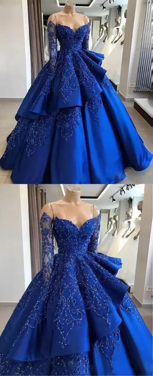 Unique Blue Lace Long Prom Dress Blue Long Evening Dress