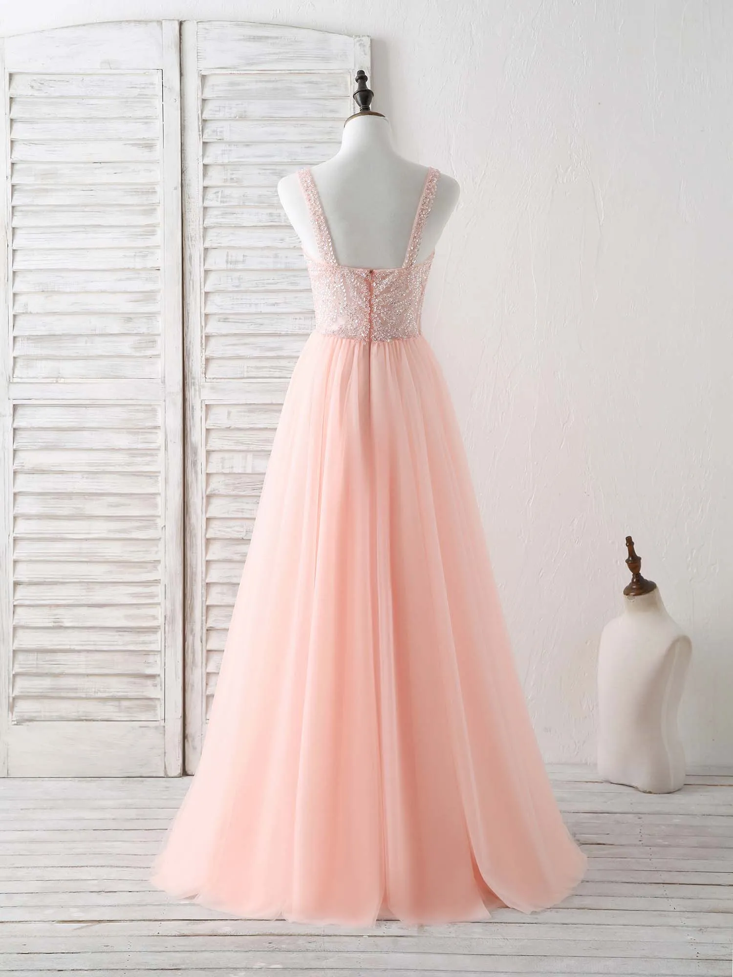 Unique Tulle Beads Long Prom Dress Tulle Evening Dress