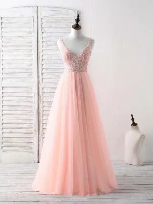 Unique Tulle Beads Long Prom Dress Tulle Evening Dress