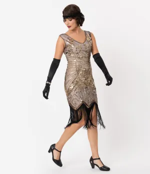 Unique Vintage 1920s Champagne Gold Beaded & Fringe Charvelle Flapper Dress