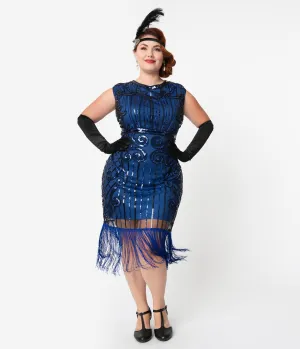 Unique Vintage Plus Size 1920s Style Blue & Black Beaded Avignon Flapper Dress