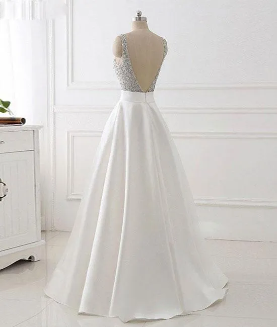 V Neck Backless White Prom Dress With Beads, V Neck Formal Dress, White Evening Dress