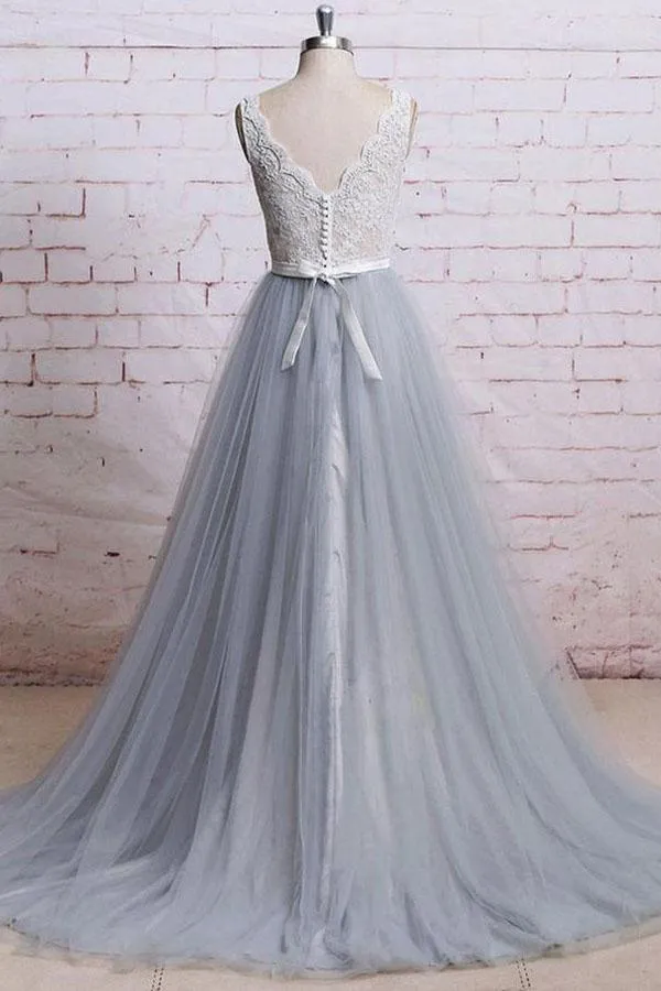 V-neck Ivory Lace Bodice Grey Tulle Skirt Chapel Train Prom Dresses  PG685