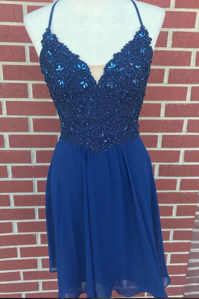 V Neck Lace Beaded Blue Homecoming Dresses Short Prom Dresses, Blue Lace Graduation Dresses, Blue Formal Dresses, Evening Dresses