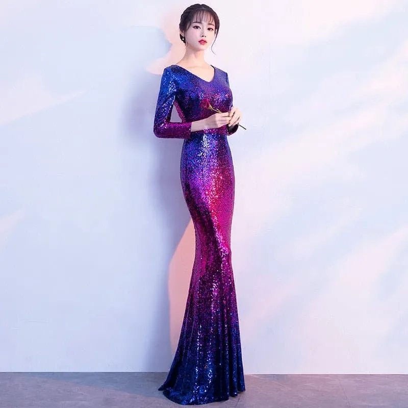 V-Neck Sequined Floor-Length Evening Dress