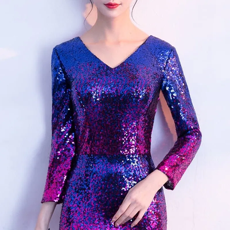 V-Neck Sequined Floor-Length Evening Dress