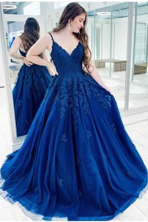 V-neckline Prom Dress with Lace Appliques Bodice,Formal Party Dress