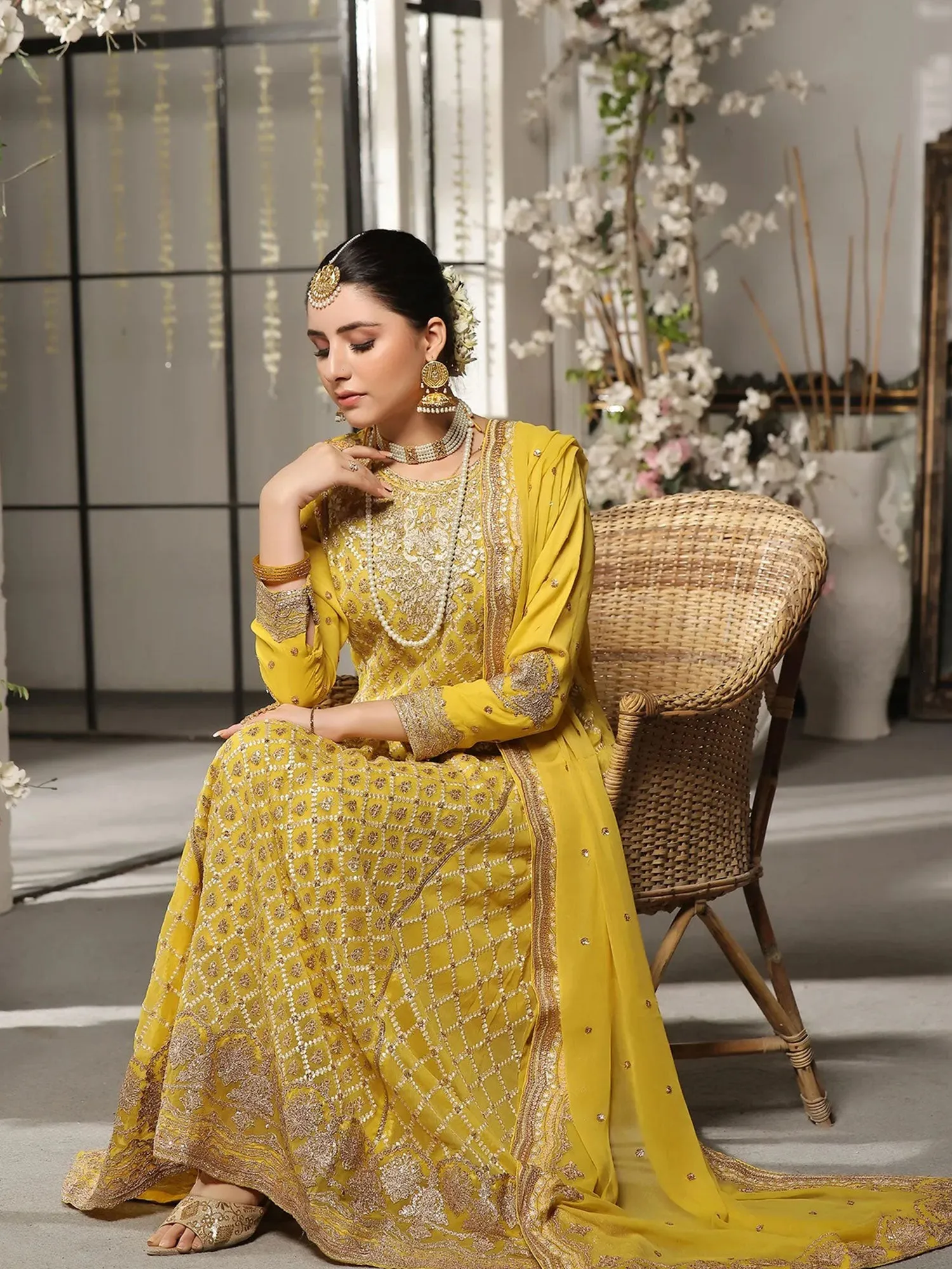 Wardah Uzair Embroidered Chiffon Maxi Suit - Yellow