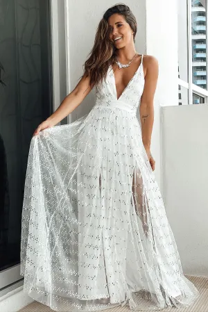 White and Silver Sequin Maxi Dress