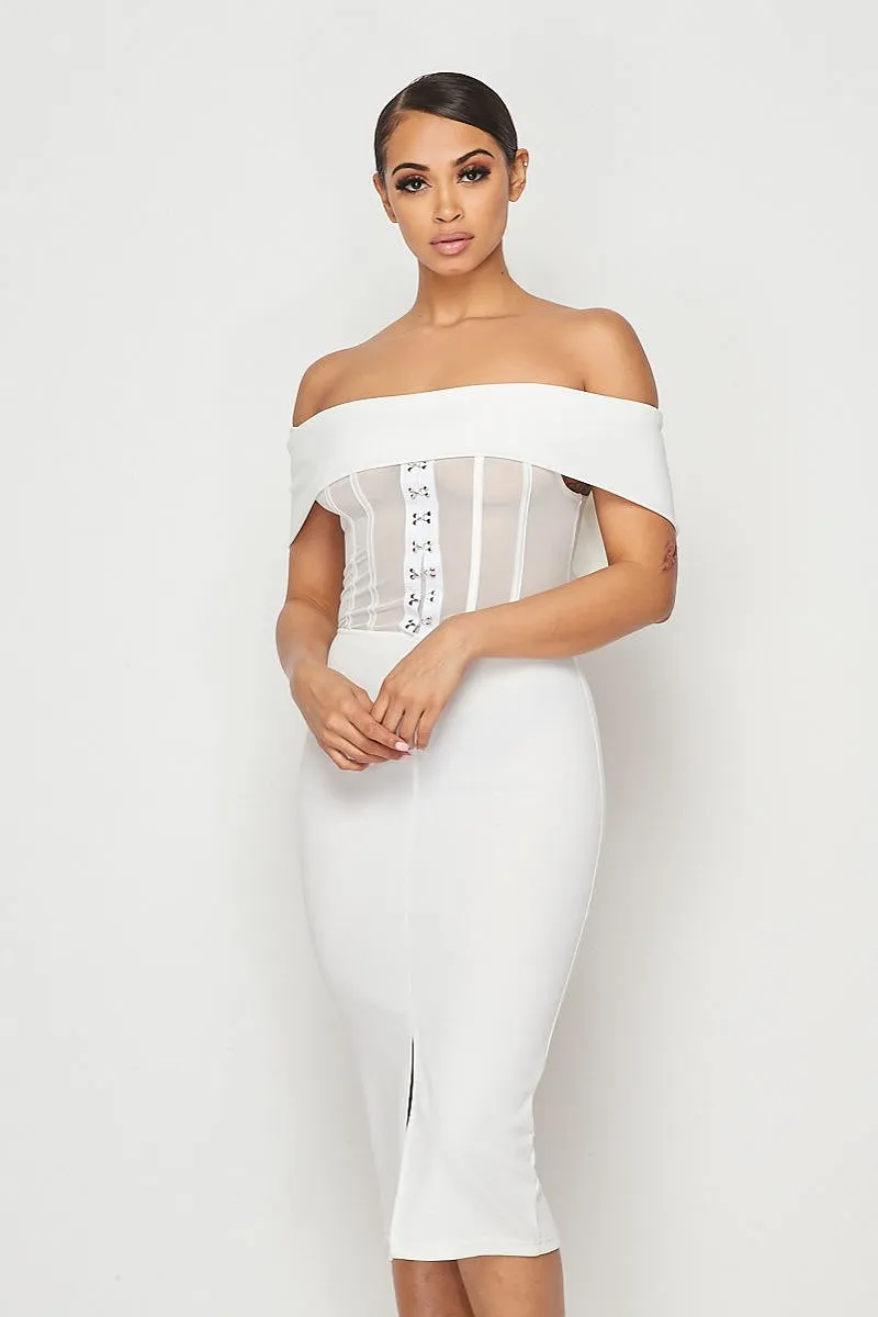 White Mesh Hook & Eye Off Shoulder Bodycon Midi Dress