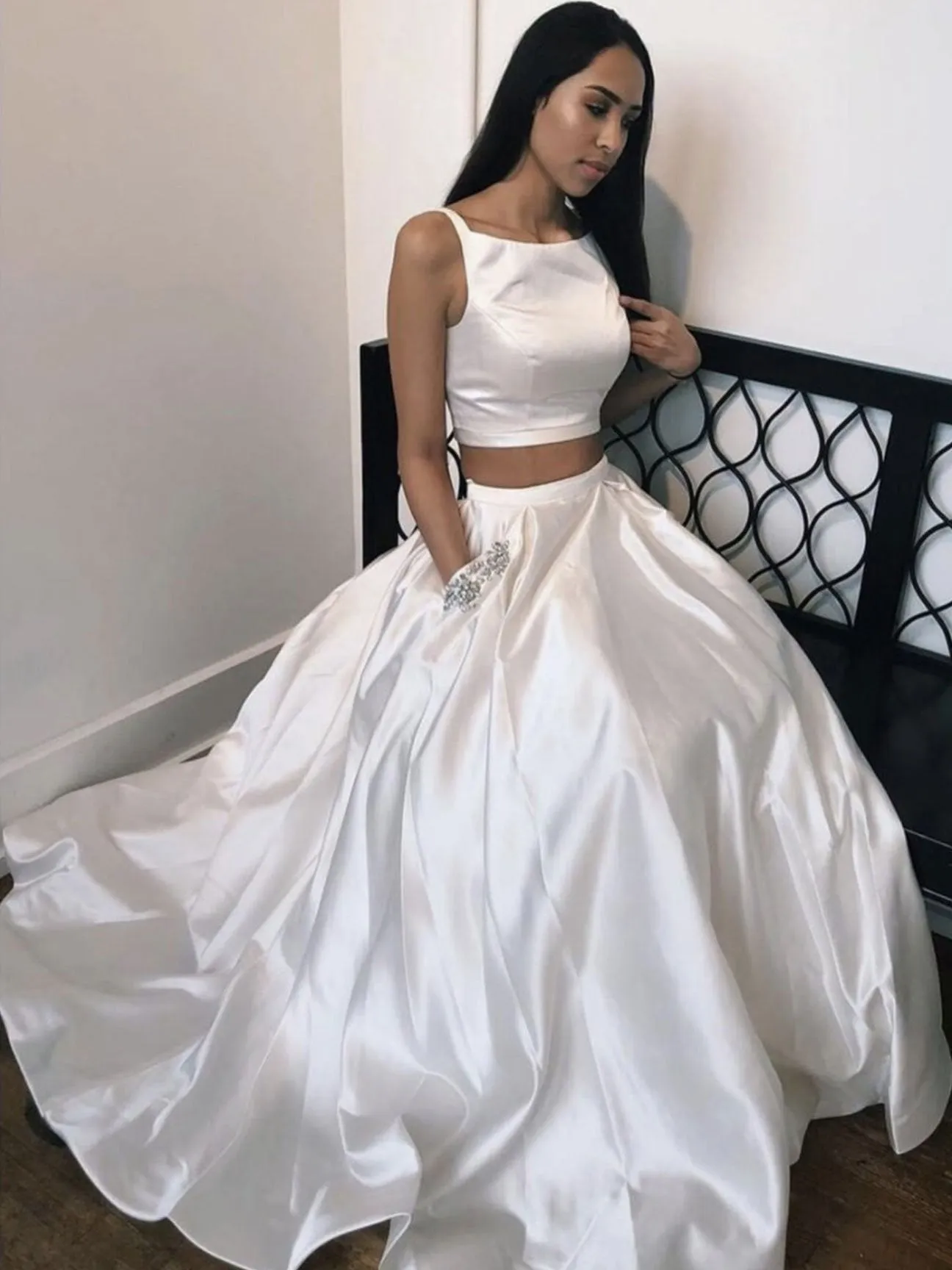 White satin two pieces long prom dresses,Graduation evening dress with Pockets