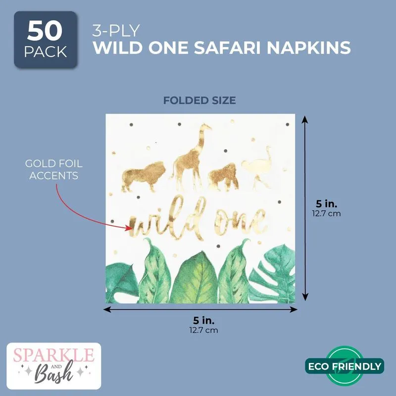 Wild One Safari Birthday Party Paper Napkins (5 x 5 Inches, 50 Pack)