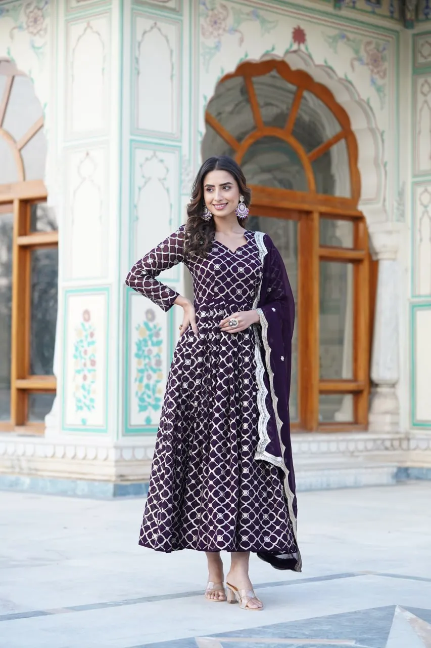 Wine Embroidered Faux Blooming Gown with Sequin Dupatta