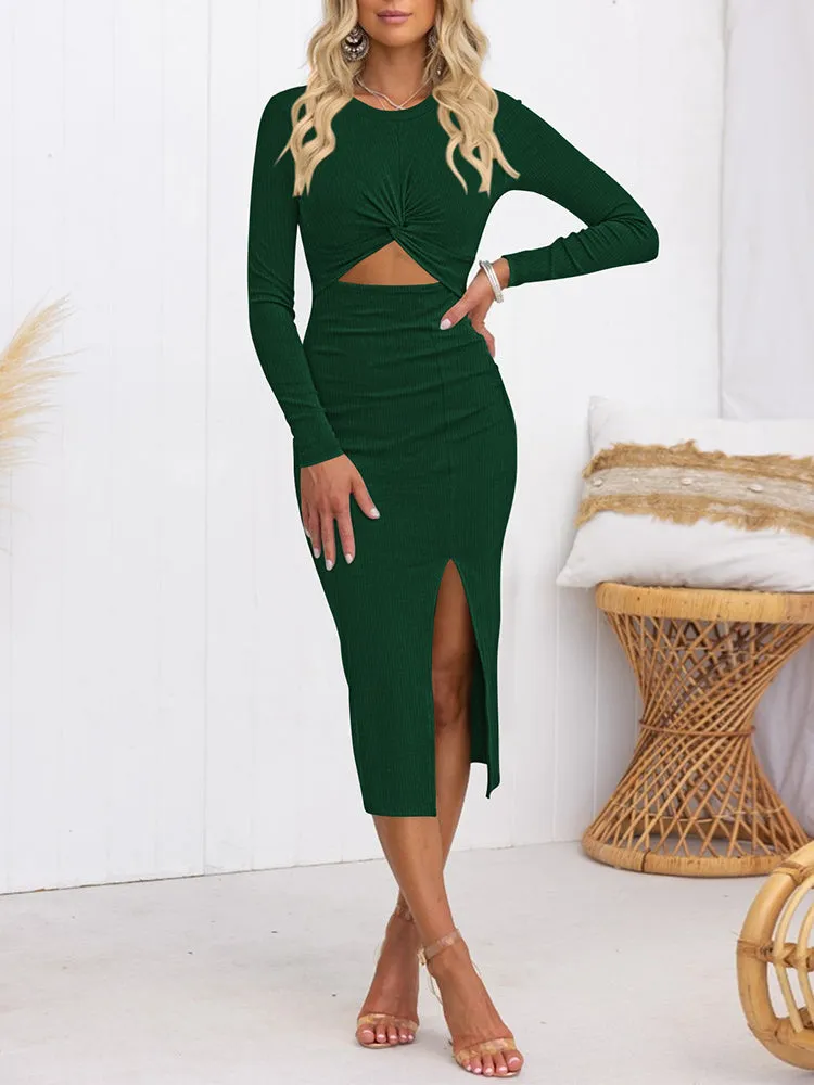 Women's Crew Neck Long Sleeve Midi Dress Cutout Twist Front Bodycon Slit Pencil Ribbed Knit Dresses