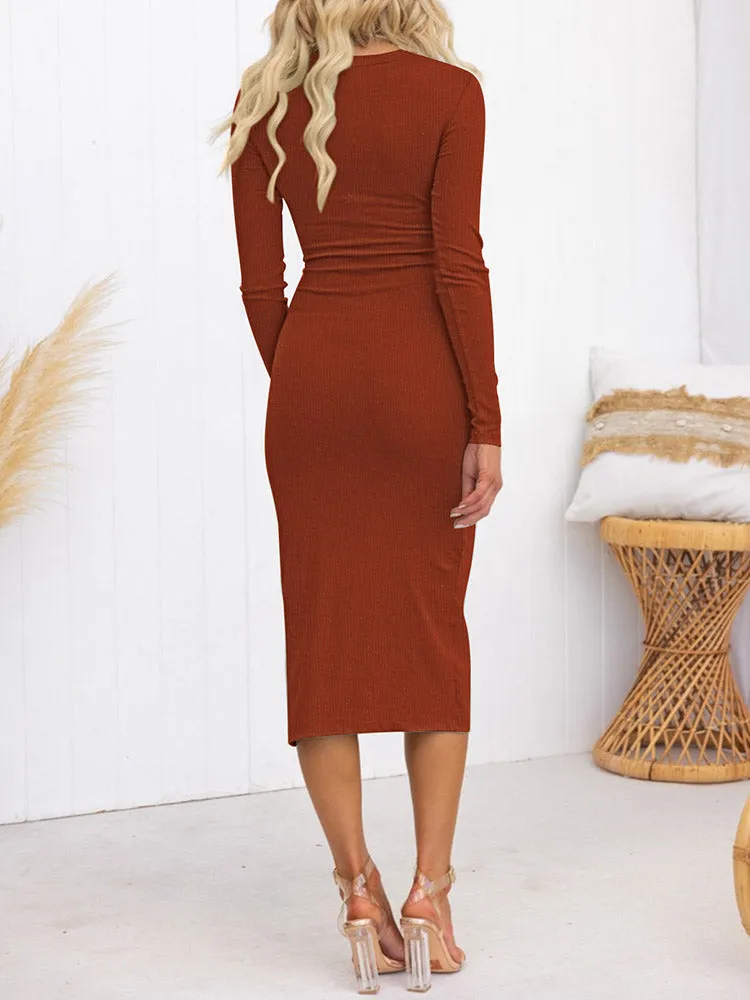 Women's Crew Neck Long Sleeve Midi Dress Cutout Twist Front Bodycon Slit Pencil Ribbed Knit Dresses