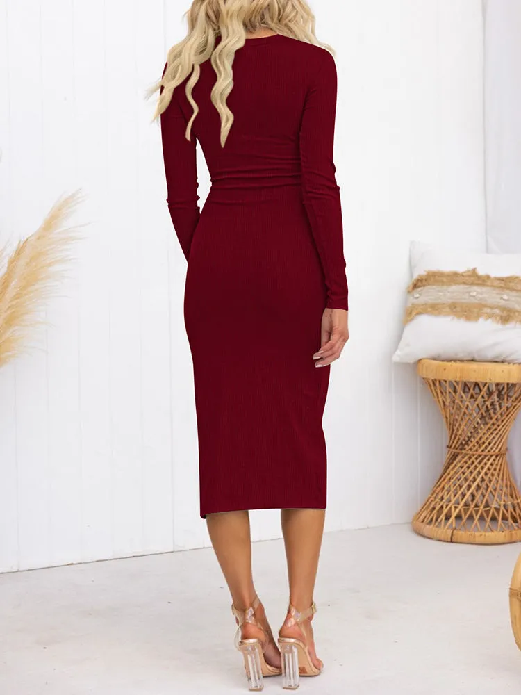 Women's Crew Neck Long Sleeve Midi Dress Cutout Twist Front Bodycon Slit Pencil Ribbed Knit Dresses