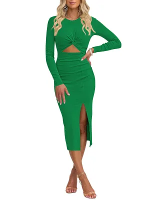 Women's Crew Neck Long Sleeve Midi Dress Cutout Twist Front Bodycon Slit Pencil Ribbed Knit Dresses