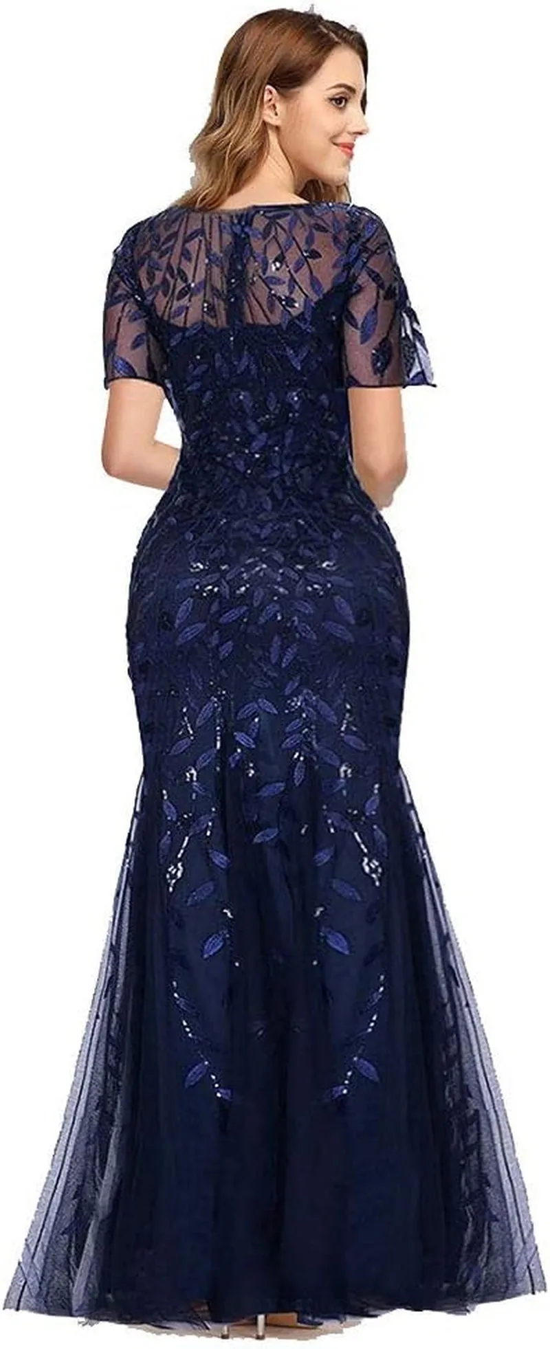 Womens Elegant Mermaid Short Sleeves Long Evening Dress