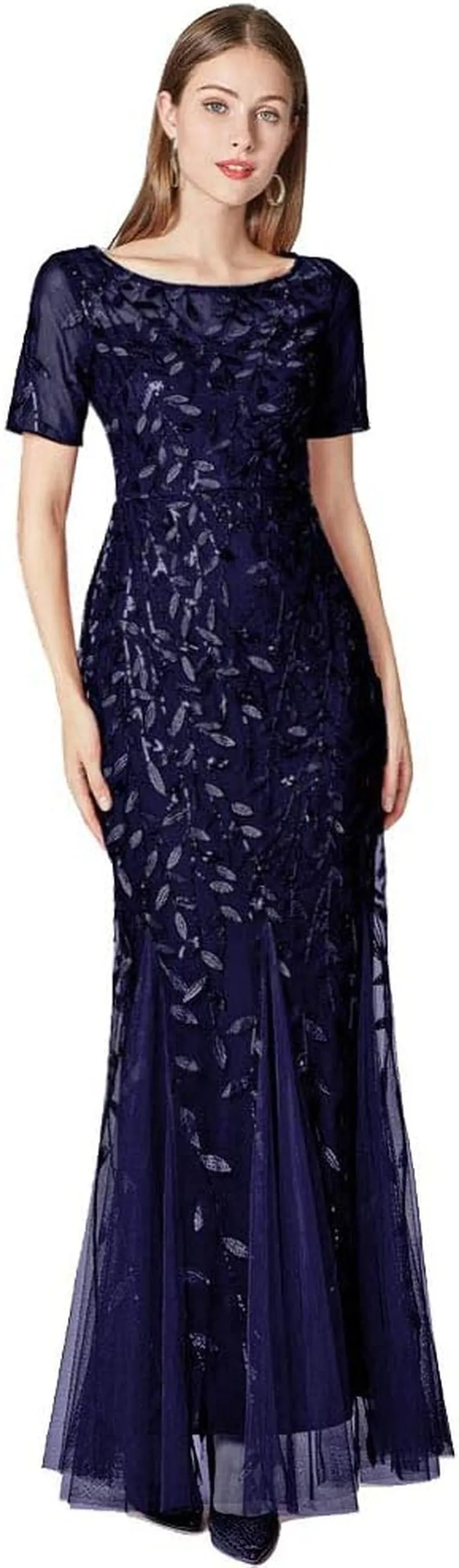 Womens Elegant Mermaid Short Sleeves Long Evening Dress