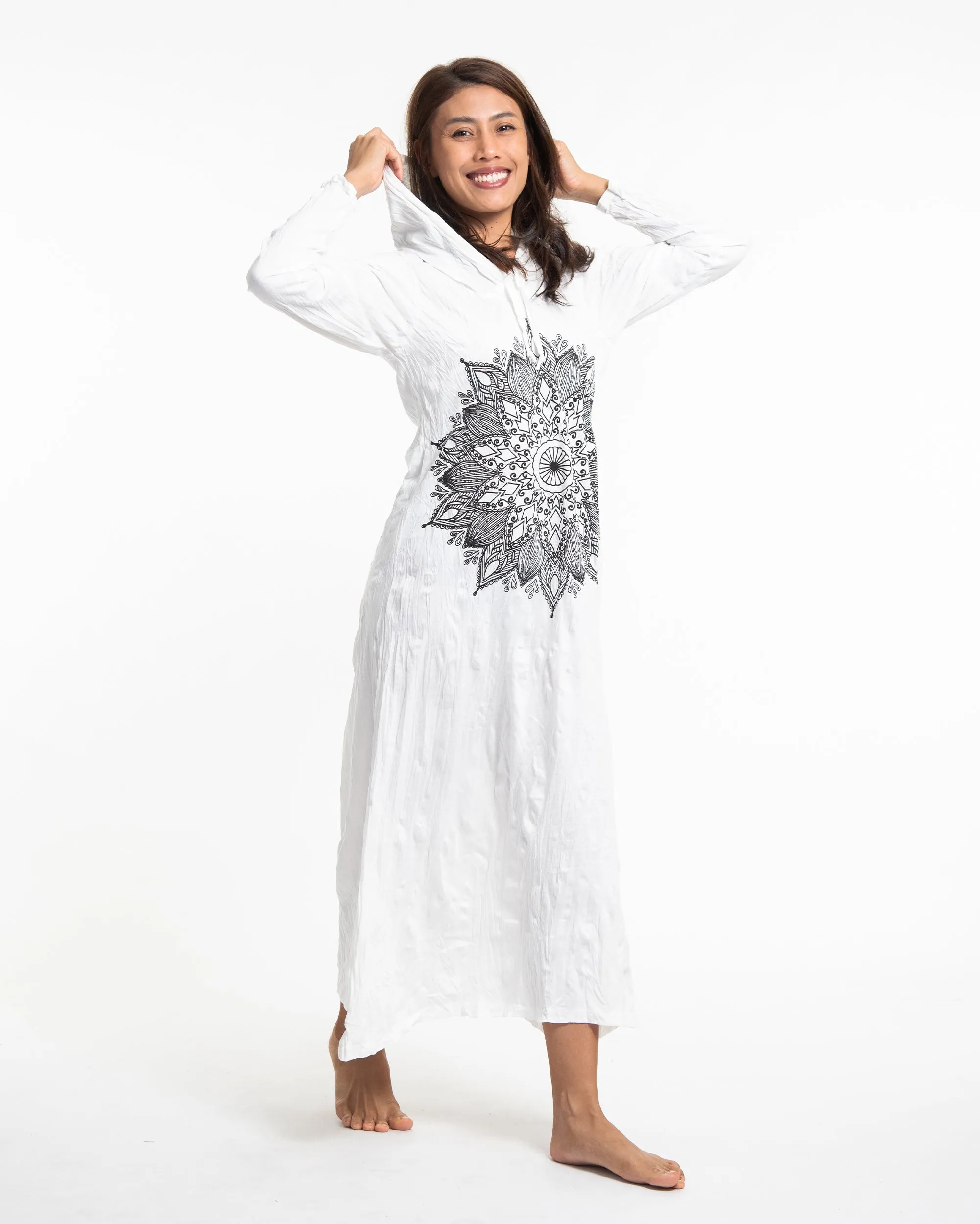 Womens Lotus Mandala Long Hoodie Dress in White