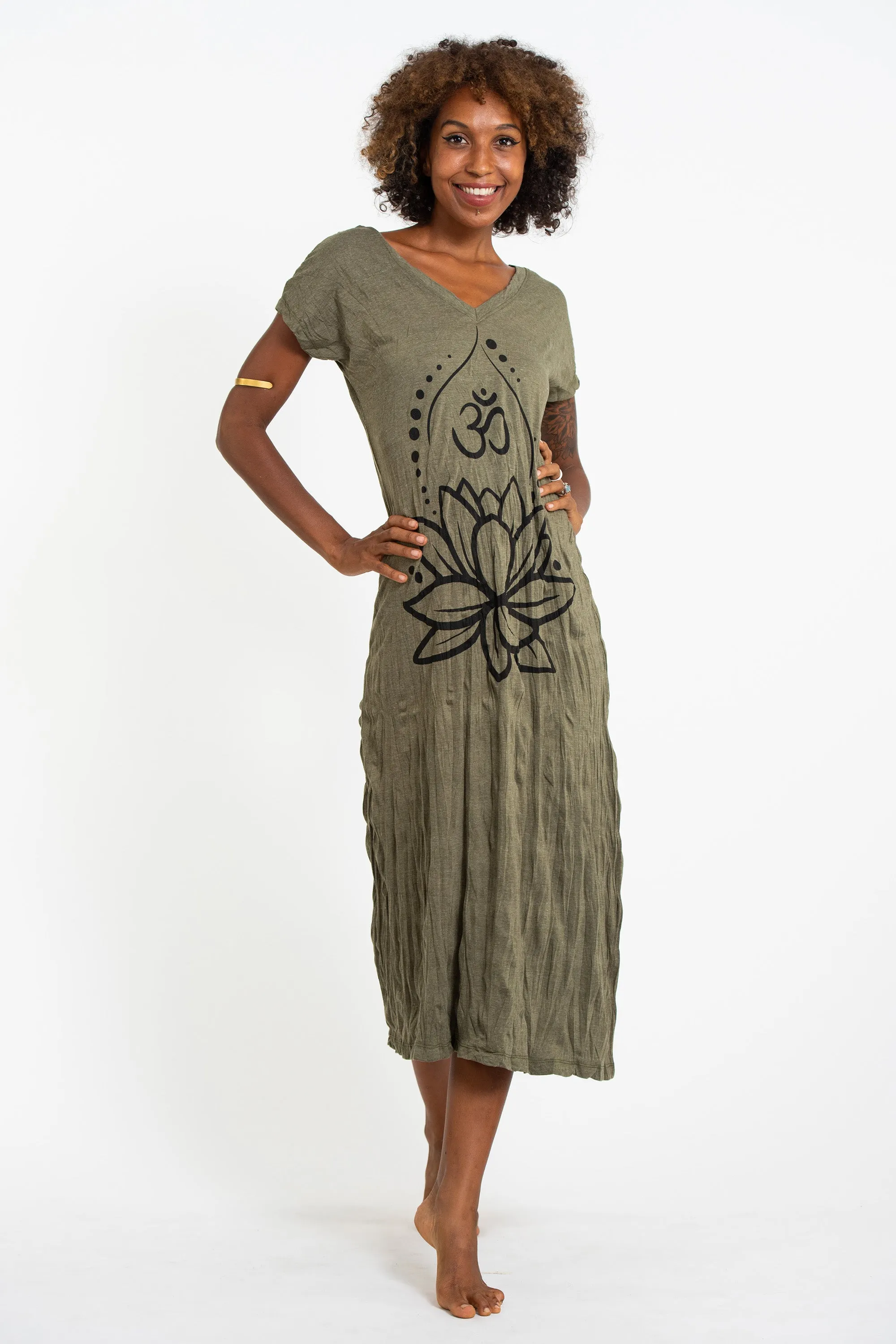 Womens Lotus Om V Neck Long Dress in Green