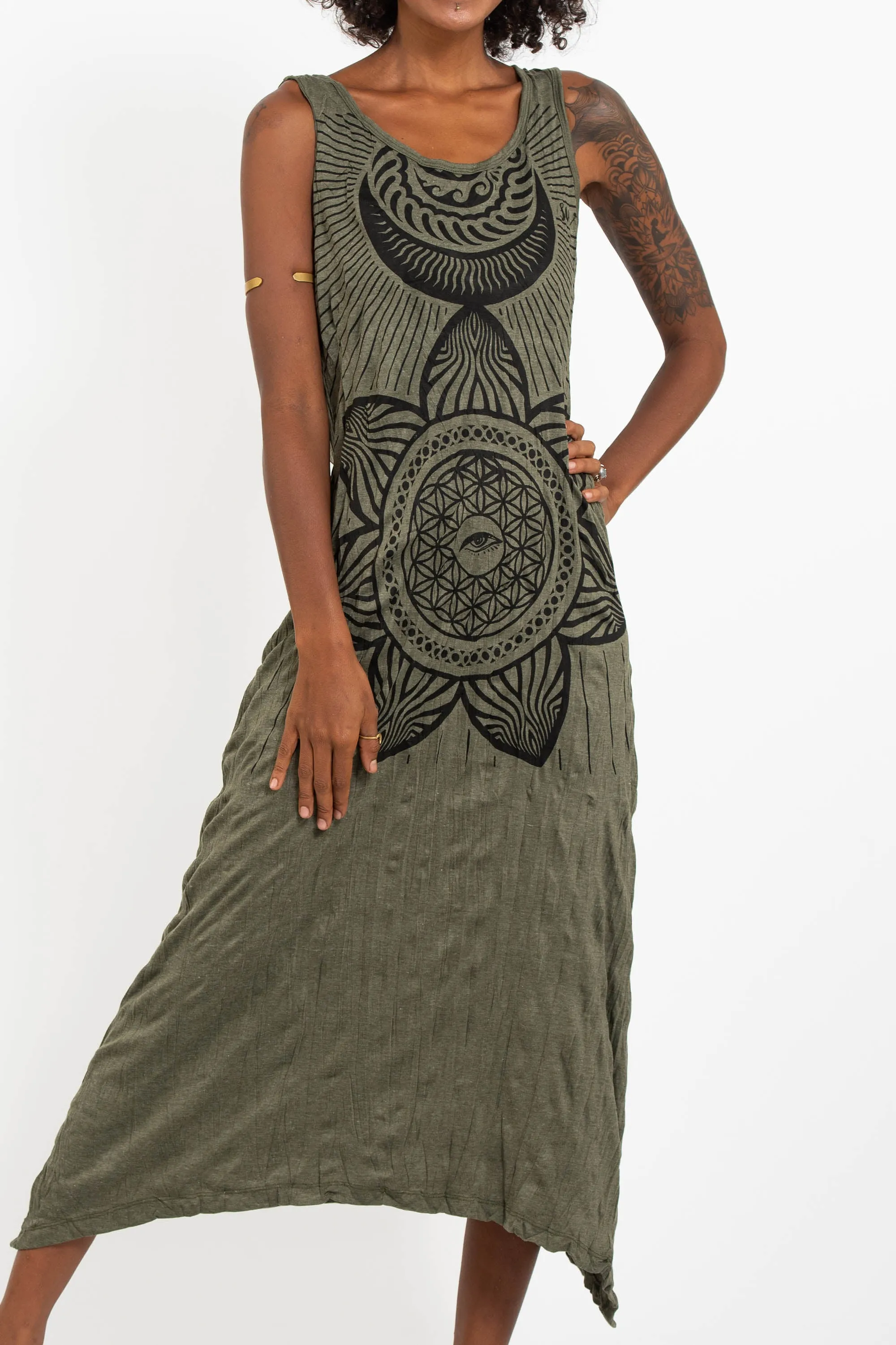 Womens Sacred Geometry Mandala Long Tank Dress in Green