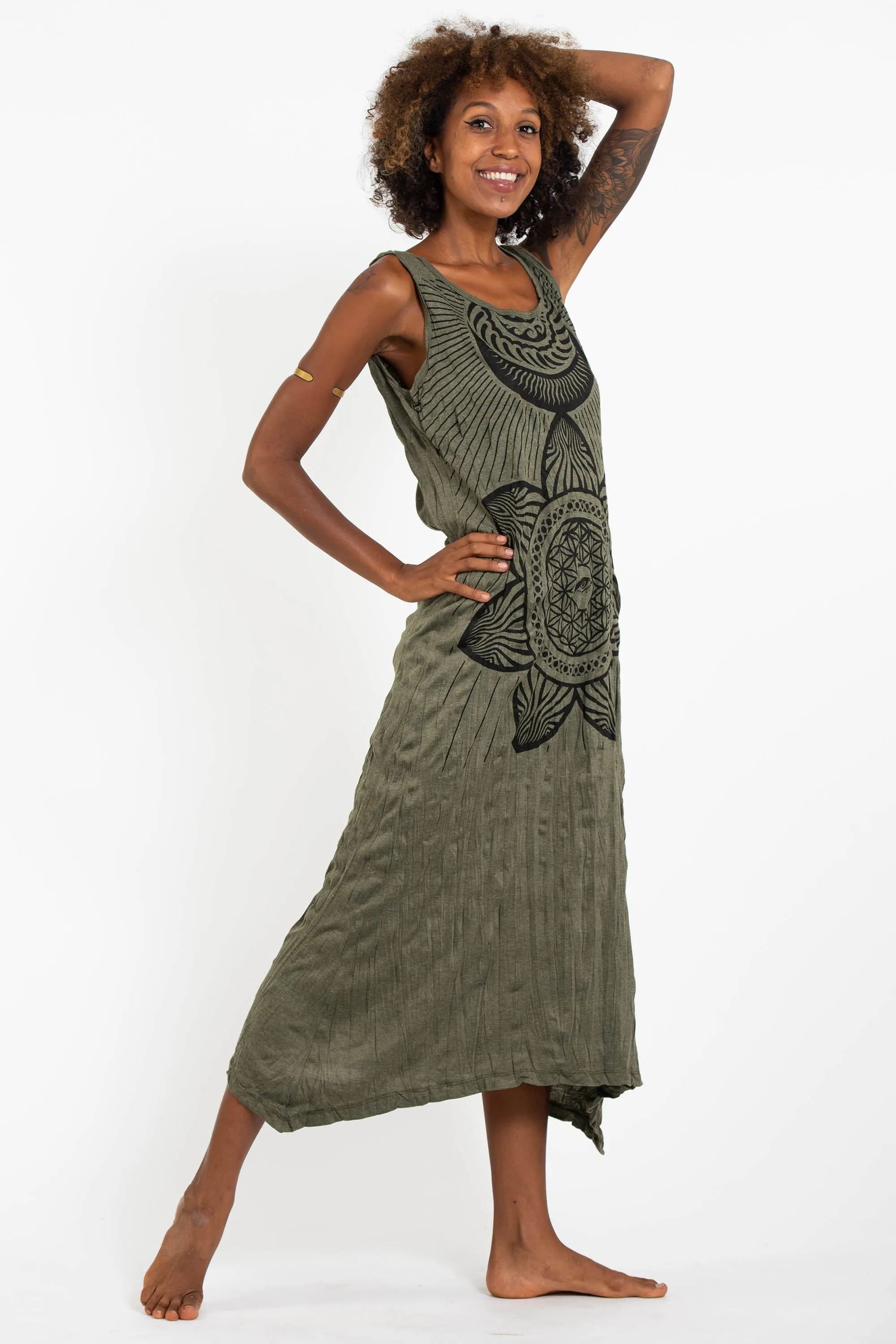 Womens Sacred Geometry Mandala Long Tank Dress in Green