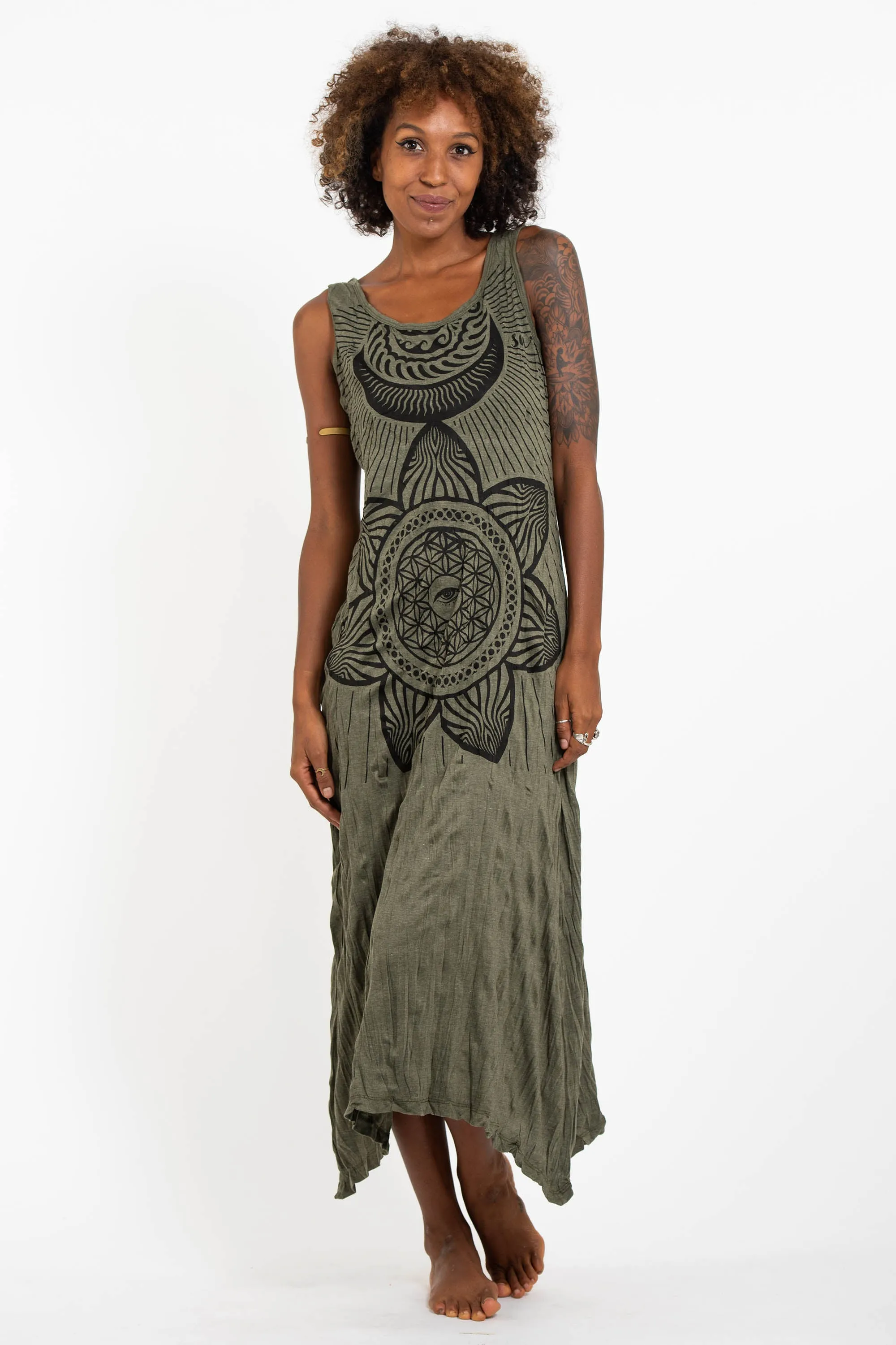 Womens Sacred Geometry Mandala Long Tank Dress in Green