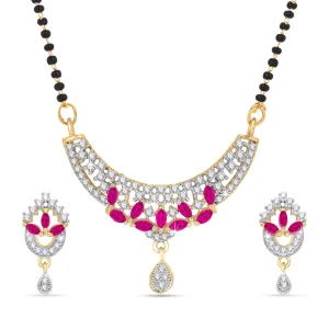 Yellow Chimes Classic Pink AD/American Diamond Studded Ethnic Black Beads Designer Mangalsutra Set with Earrings for Women