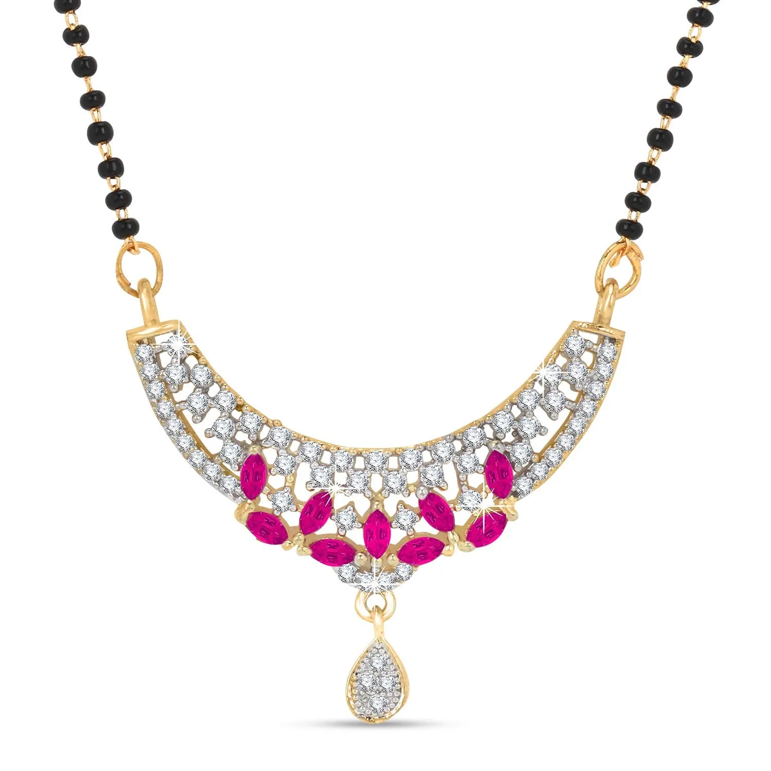 Yellow Chimes Classic Pink AD/American Diamond Studded Ethnic Black Beads Designer Mangalsutra Set with Earrings for Women