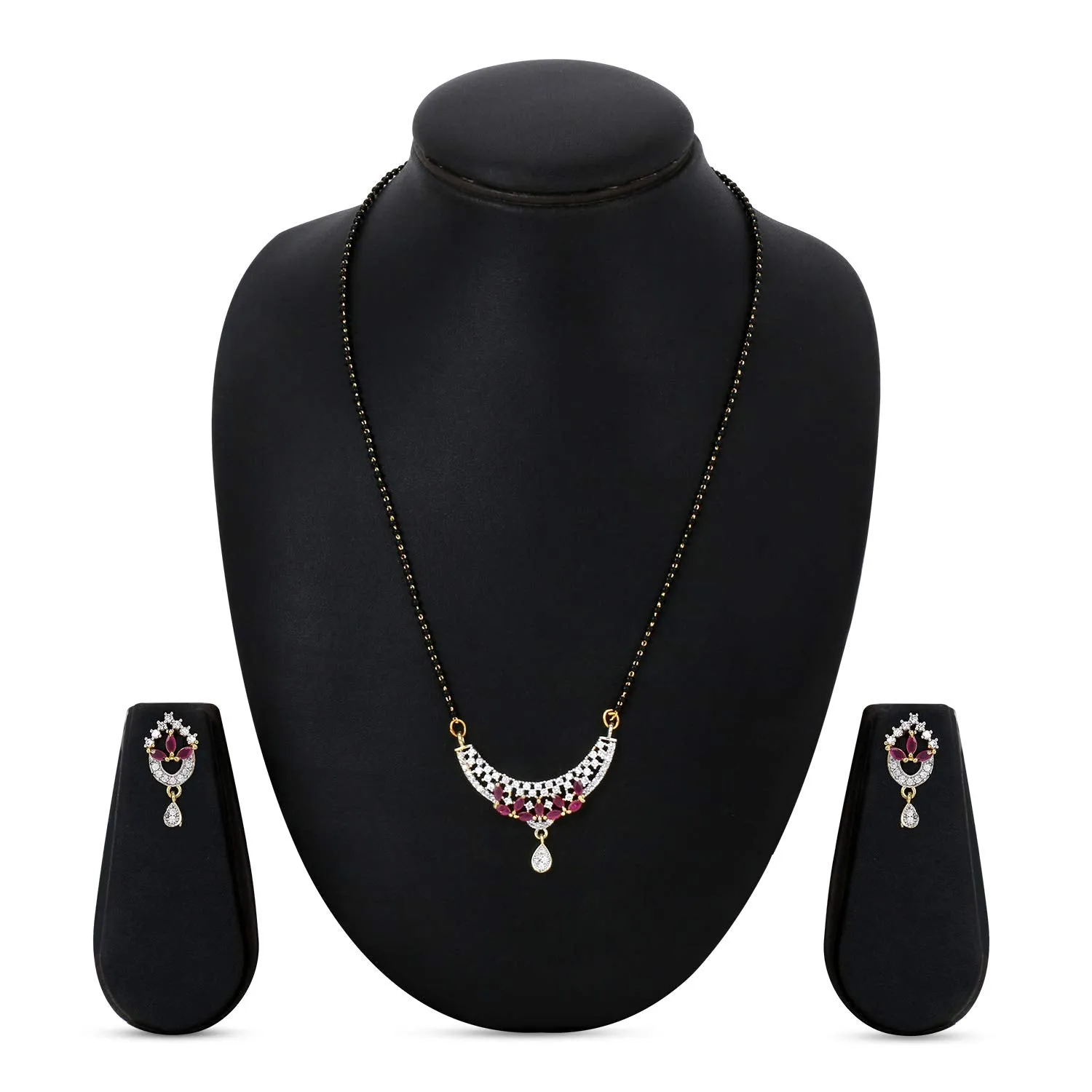 Yellow Chimes Classic Pink AD/American Diamond Studded Ethnic Black Beads Designer Mangalsutra Set with Earrings for Women